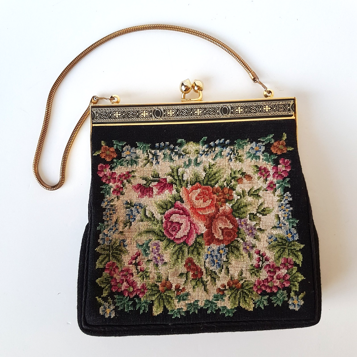 Micro Petit Point Needlepoint Evening Bag Floral Roses Tapestry Vintage Bag0