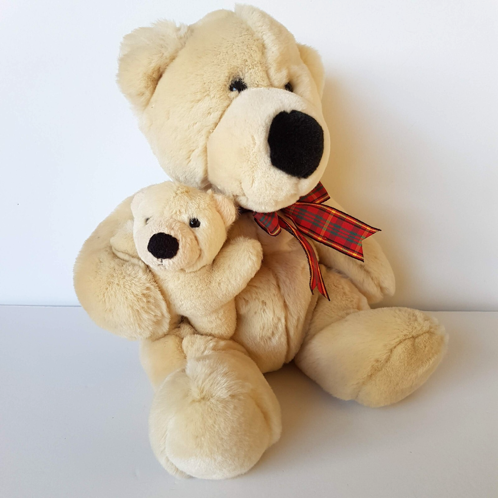 Teddy Bear MUM & BABY BEAR Plush Cream Stuffed Animal Super Soft Toy Tartan Bow0