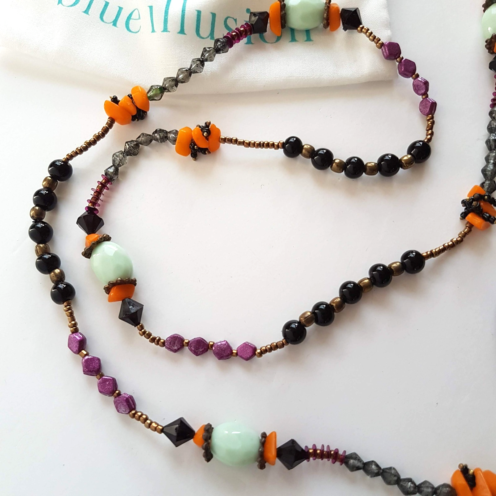 Blue Illusion BOHEMIAN BEADED NECKLACE Black Purple Orange Turquoise Bronze1