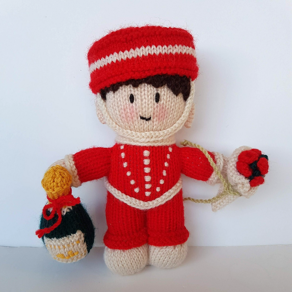 Vintage HANDMADE KNITTED BELLHOP 20cm Celebrate Champagne Flowers Soft Toy Red0