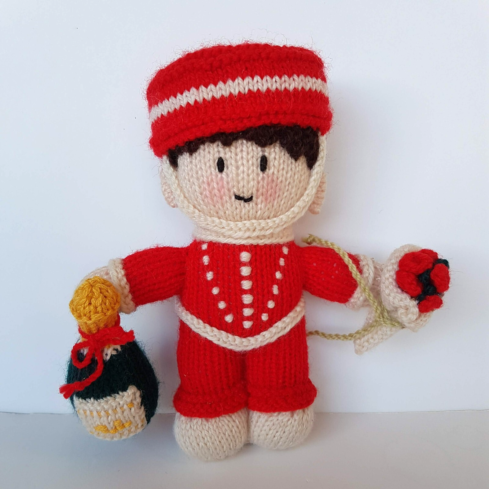 Vintage HANDMADE KNITTED BELLHOP 20cm Celebrate Champagne Flowers Soft Toy Red0