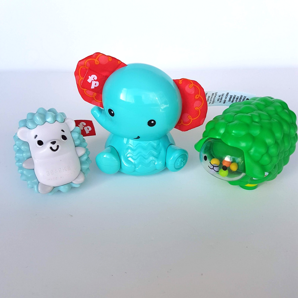 Fisher Price Broccoli SHEEP Squeaker HEDGEHOG Shaker ELEPHANT Rattle Baby Toys1