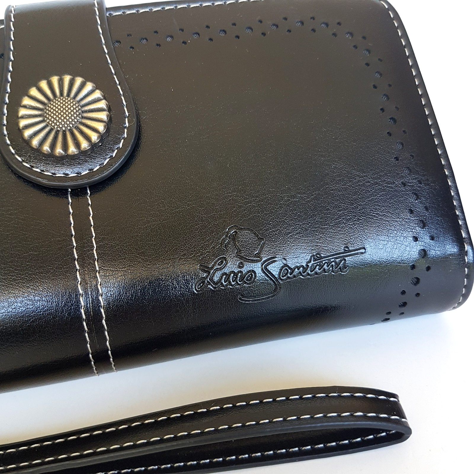 Luis Santini BLACK EMBOSS WALLET Like New Flower Women's Purse Multi Compartment3