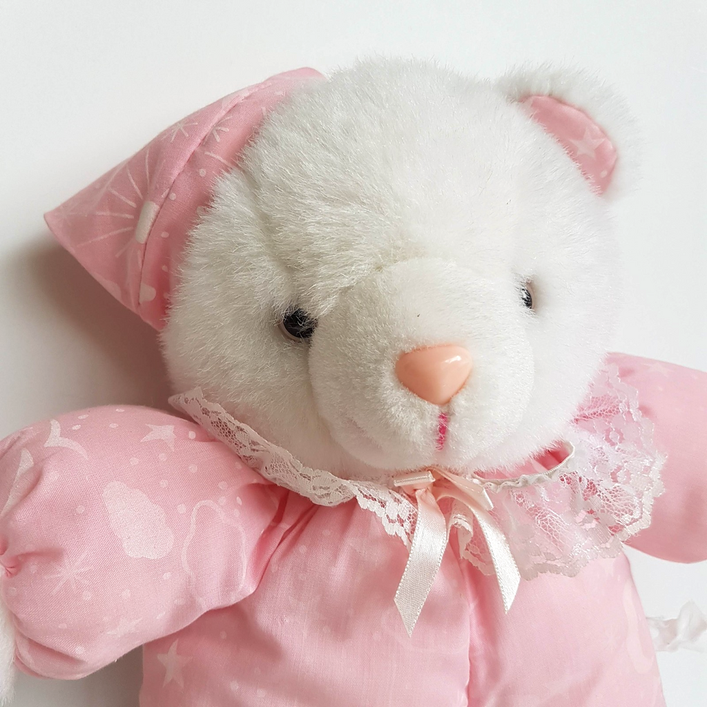 Vintage TEDDY IN BUNNY SLIPPERS Plush 34cm Pink Pyjamas Stuffed Animal Soft Toy1