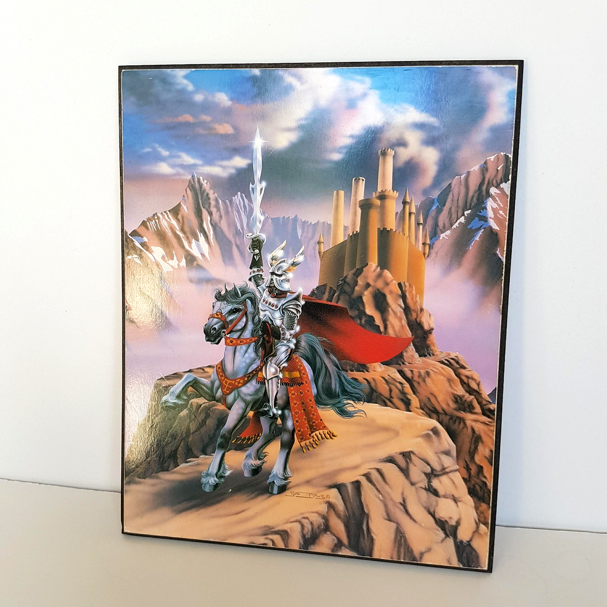 80s Sue Dawe KNIGHT & HORSE Mounted Print Fantasy 25cm tall Vintage Wall Hanging0