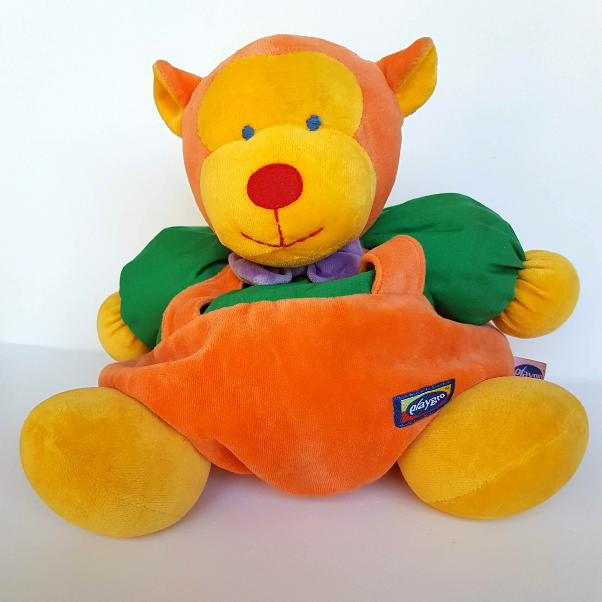 VTG PlayGro VELOUR BEAR Soft Toy 23cm Orange Green Teddy Plush Stuffed Animal2