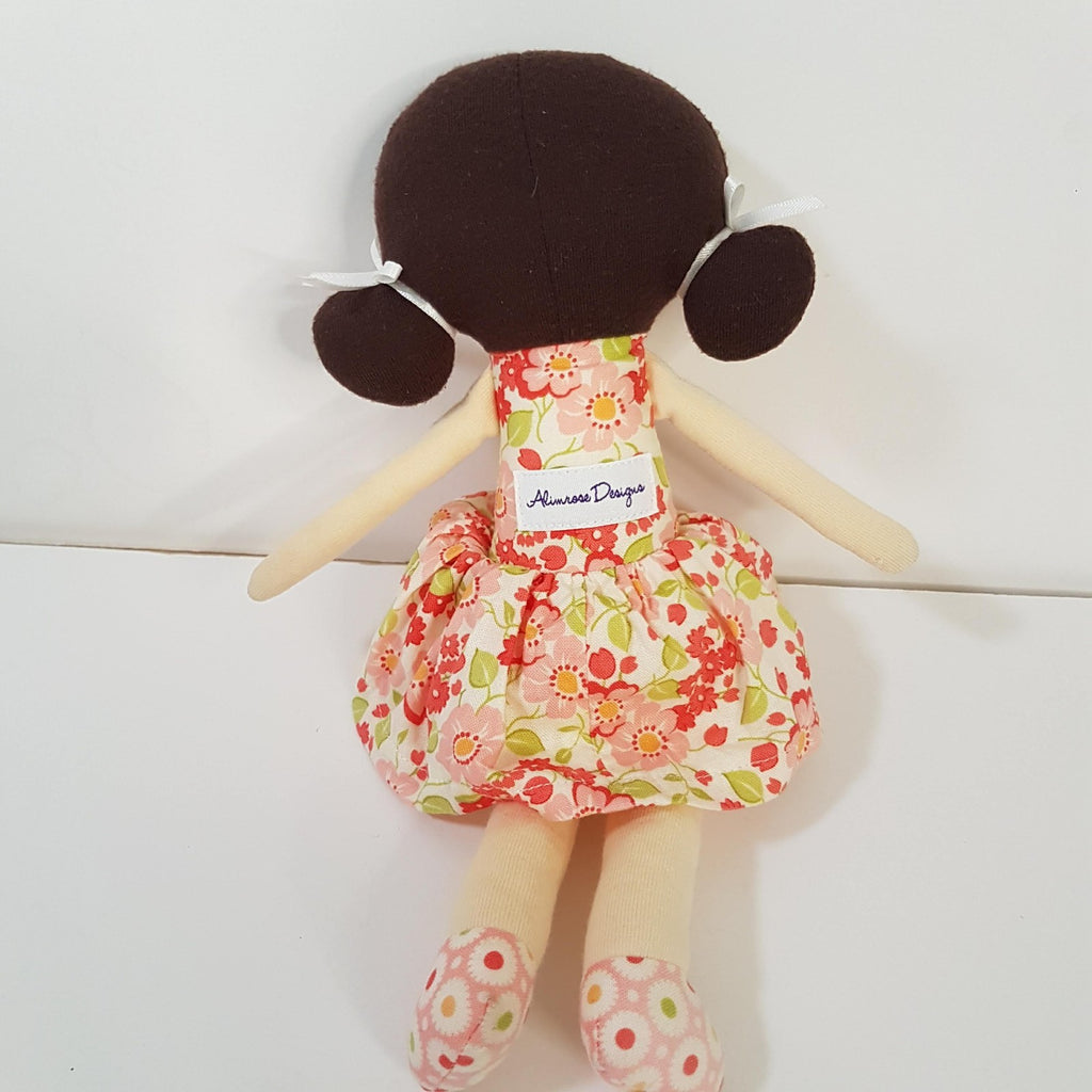 Alimrose RAG DOLL Fabric Doll 25cm Cloth Floral Dress Brunette Baby Soft Toy6