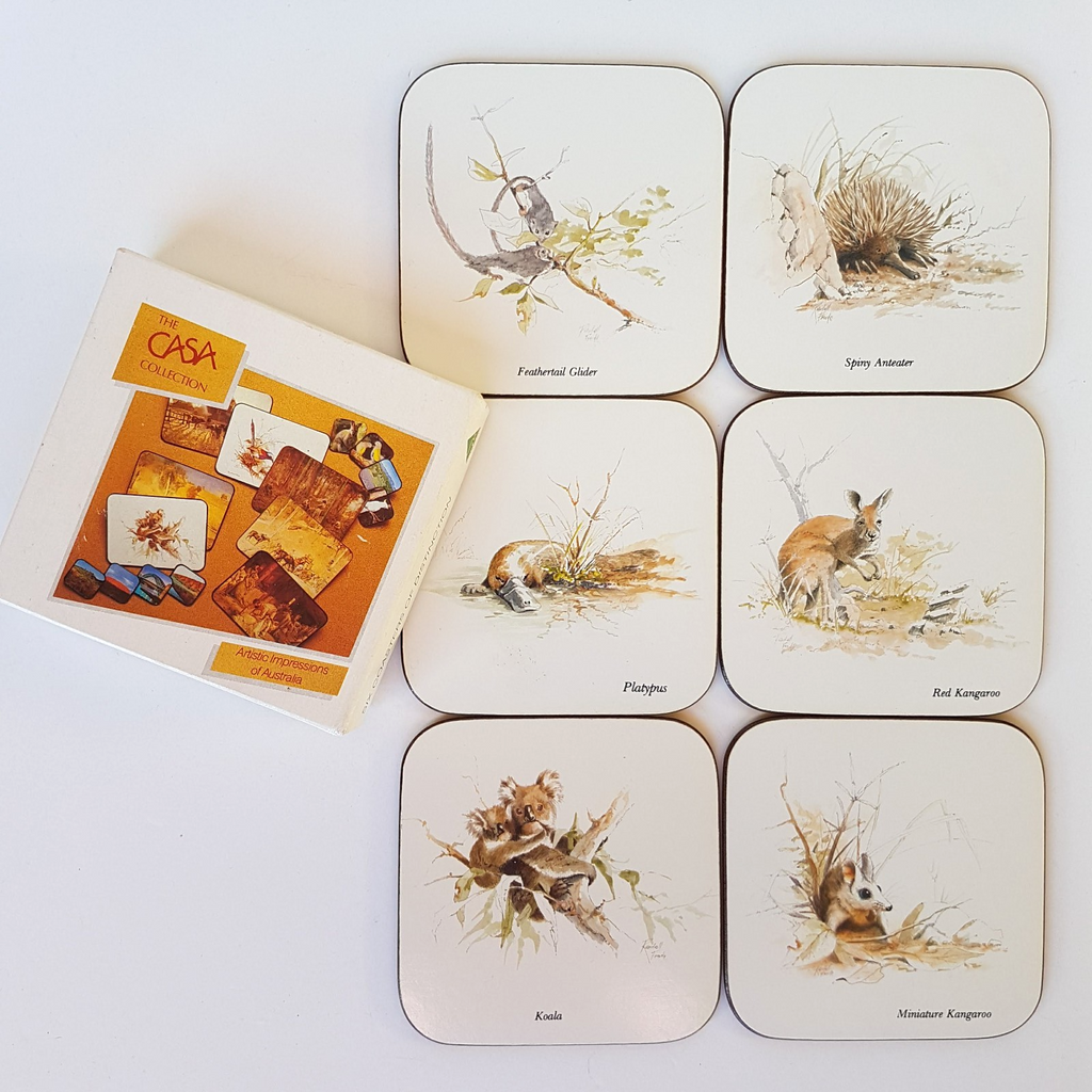 Australian Marsupials COASTER SET x 6 Watercolour Print Casa Collection Cork0