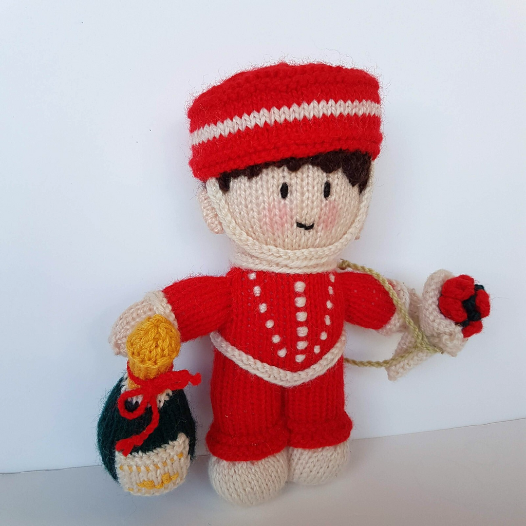 Vintage HANDMADE KNITTED BELLHOP 20cm Celebrate Champagne Flowers Soft Toy Red3