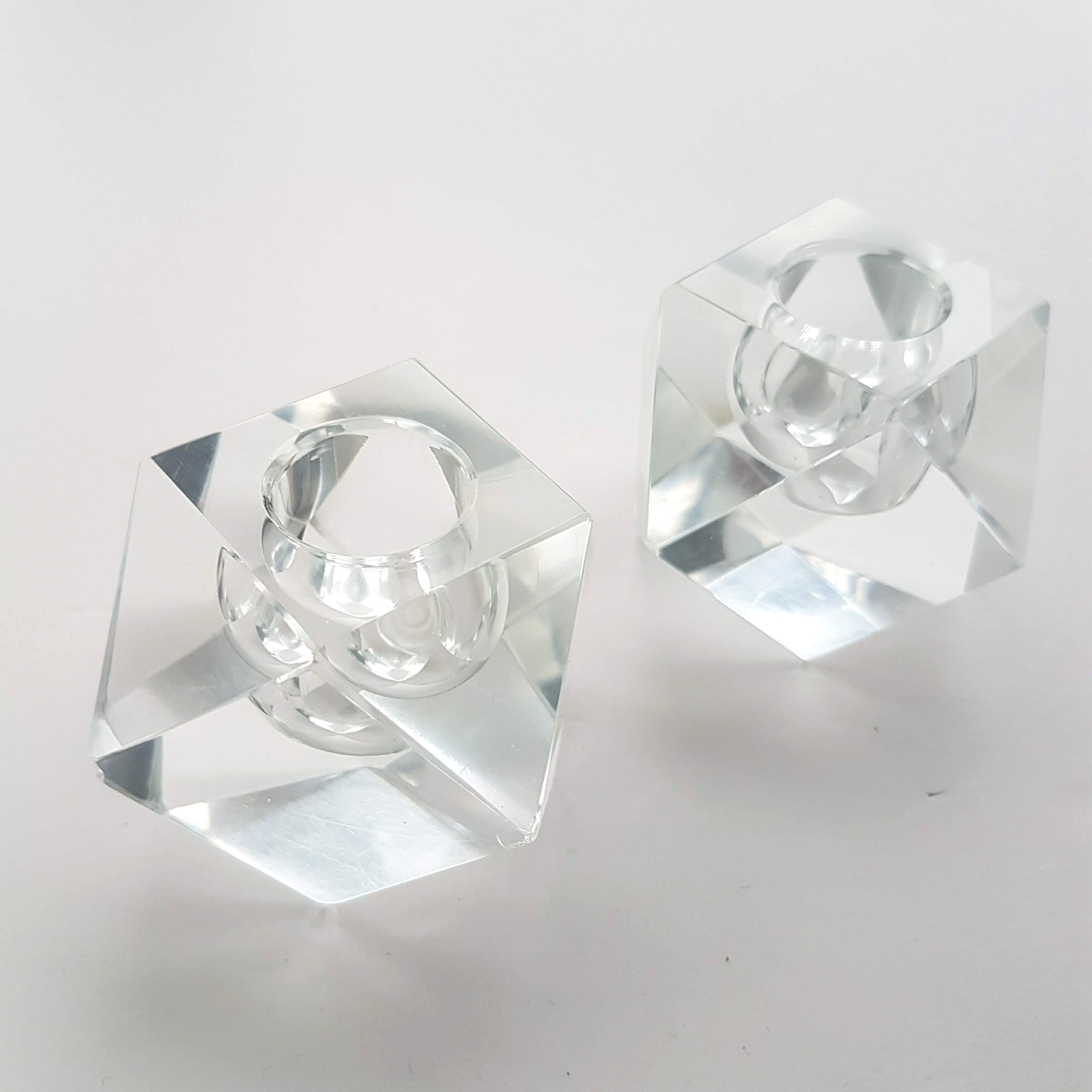 Vintage Art Glass CANDLE STICK HOLDER Clear Candlestick 5cm Geometric Facetted13