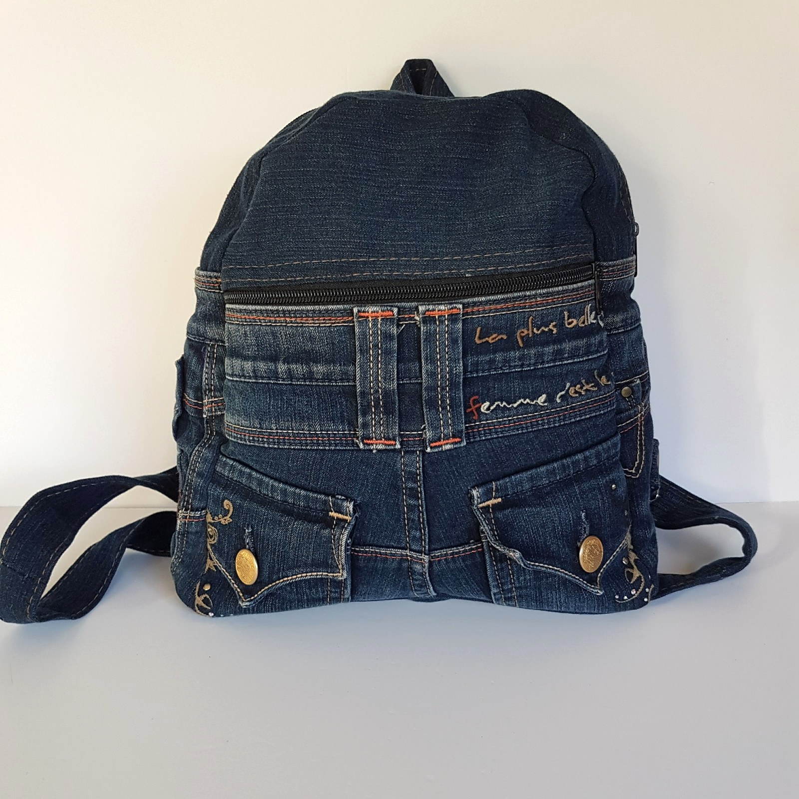 Handmade DENIM JEANS BACKPACK Bag Upcycled Rhinestone Embellished Vienus Jeans0