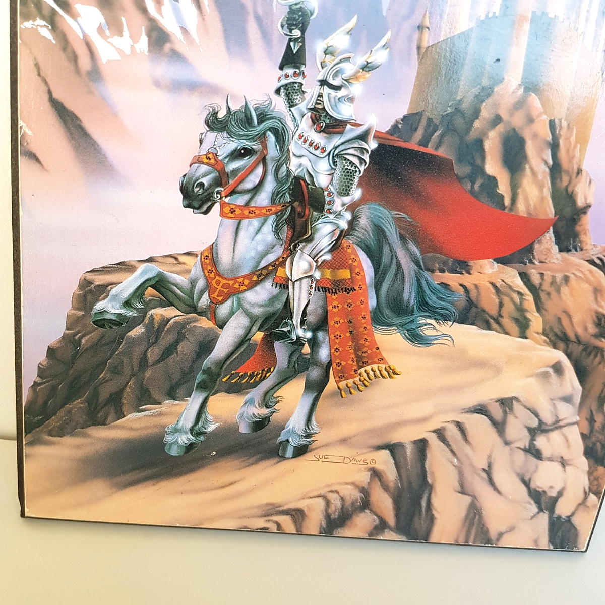 80s Sue Dawe KNIGHT & HORSE Mounted Print Fantasy 25cm tall Vintage Wall Hanging2