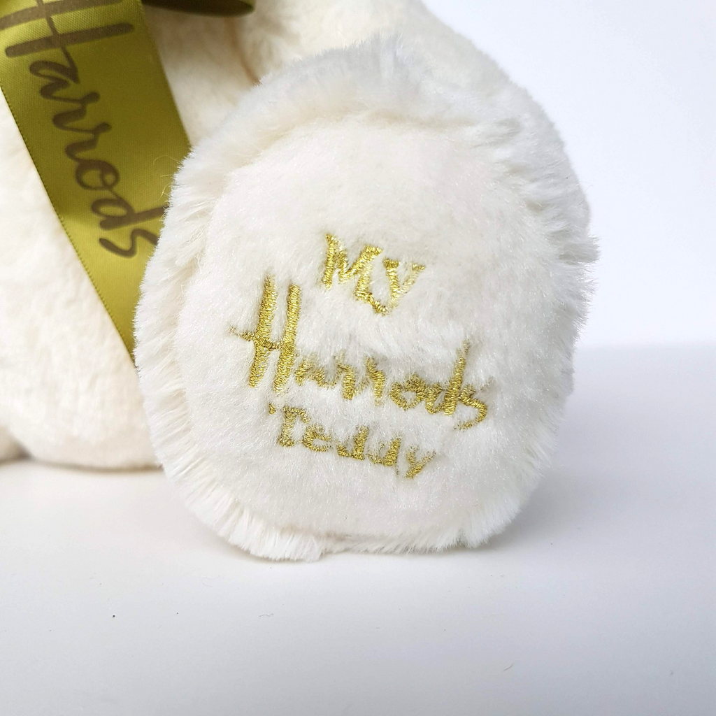 Harrods MY HARRODS TEDDY BEAR 25cm Stuffed Animal White Green Bow Soft Toy Cute4