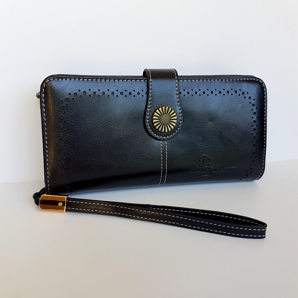 Luis Santini BLACK EMBOSS WALLET Like New Flower Women's Purse Multi Compartment1