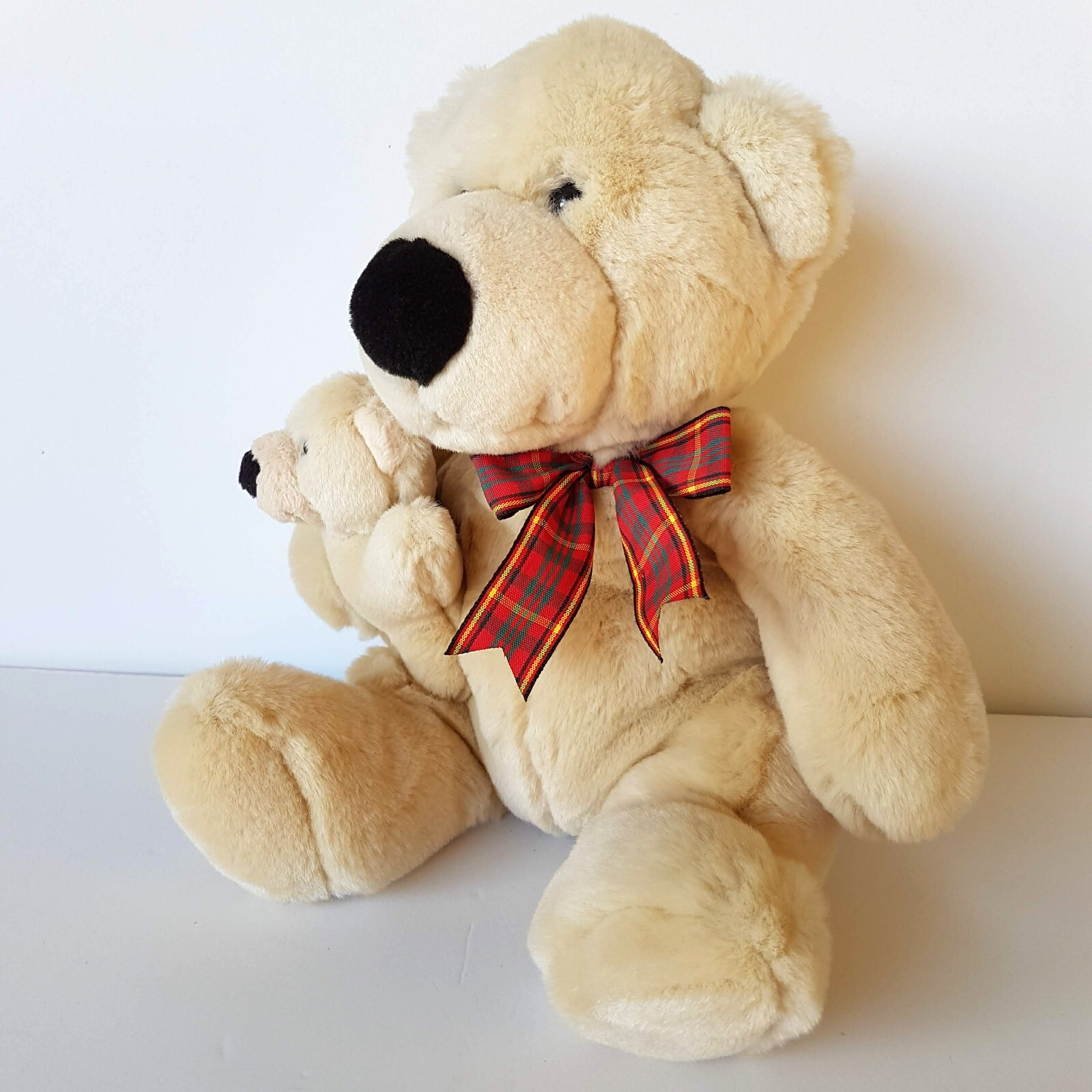 Teddy Bear MUM & BABY BEAR Plush Cream Stuffed Animal Super Soft Toy Tartan Bow3