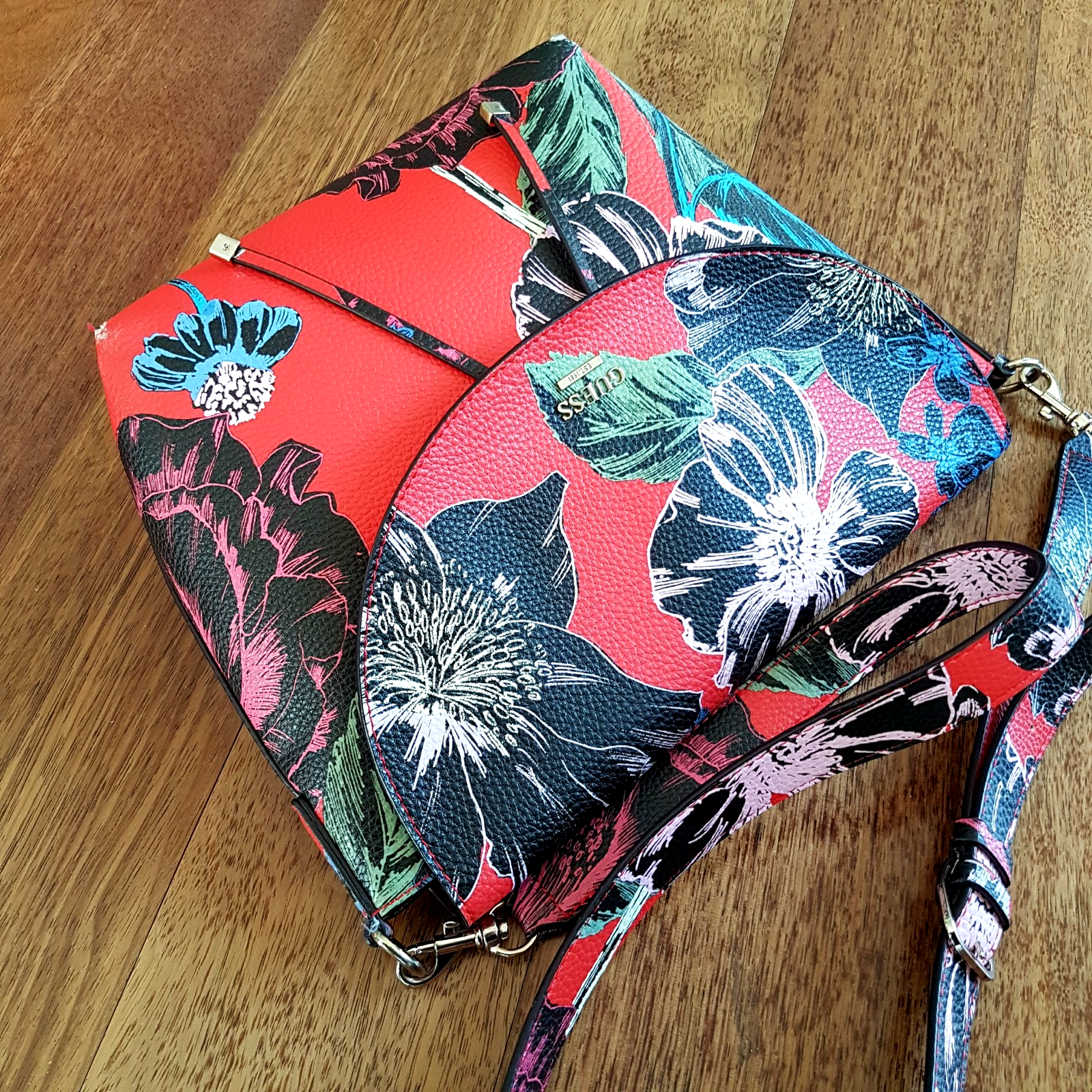 GUESS Red Floral Tote Bag Faux Leather Flowers Adjustable Strap Stylish Everyday6