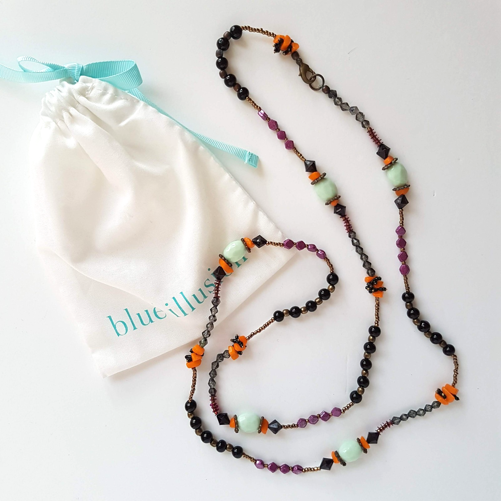 Blue Illusion BOHEMIAN BEADED NECKLACE Black Purple Orange Turquoise Bronze0