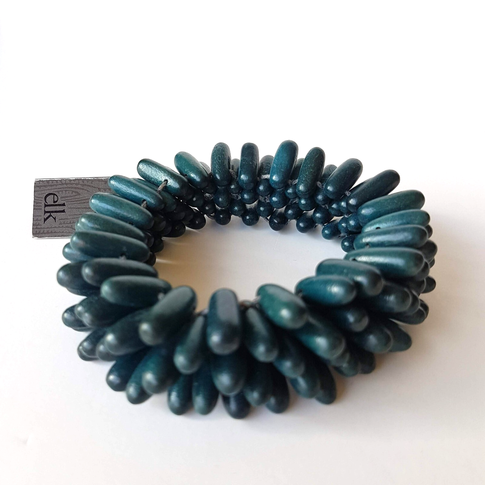 ELK Teal Wood Statement Chunky Beaded Bracelet Bangle Ocean Coral Look Arty TAGS3