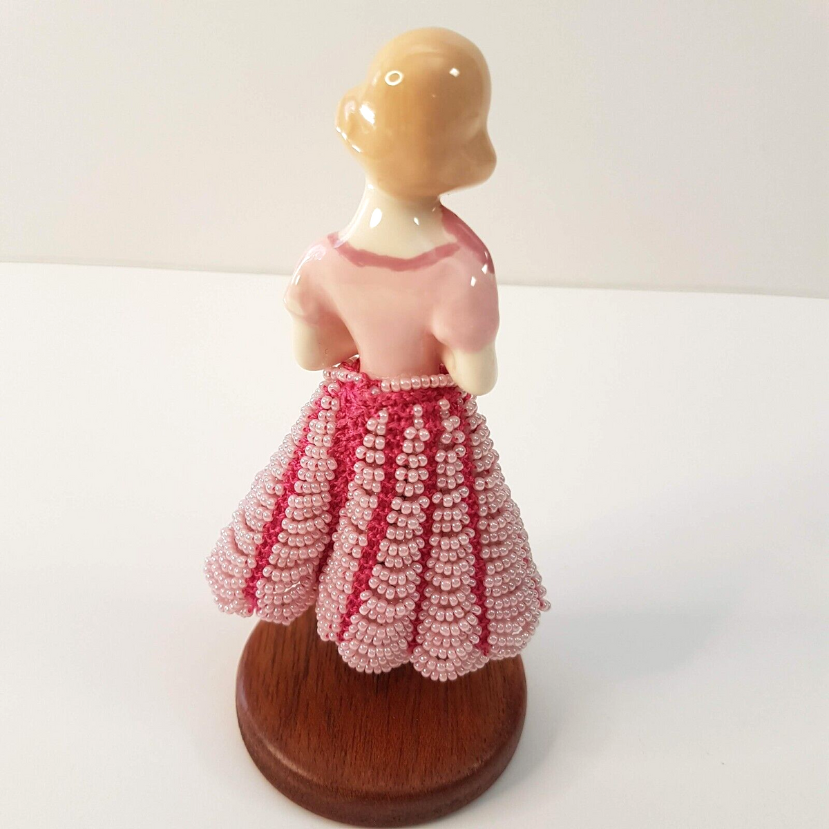 VINTAGE Porcelain HALF DOLL Hand Beaded Skirt Fan Pretty Pink White 13cm Stand1