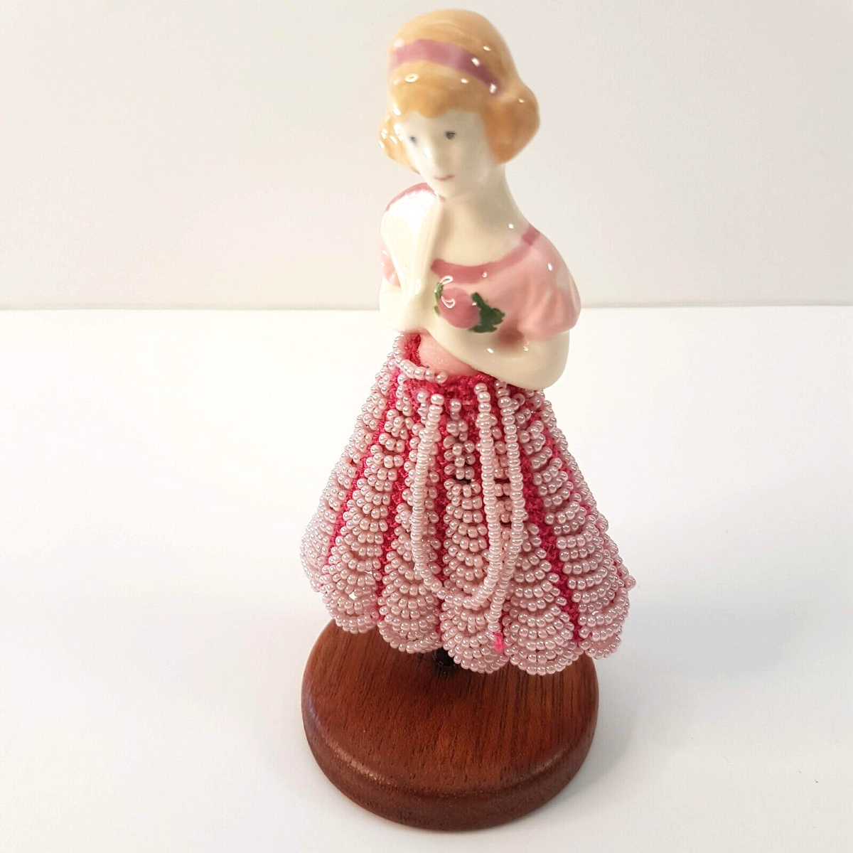 VINTAGE Porcelain HALF DOLL Hand Beaded Skirt Fan Pretty Pink White 13cm Stand0