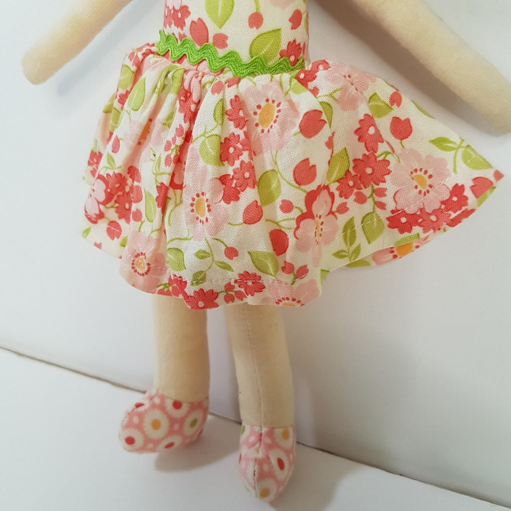 Alimrose RAG DOLL Fabric Doll 25cm Cloth Floral Dress Brunette Baby Soft Toy4