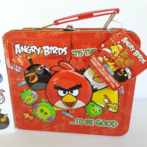 Angry Birds Christmas COOKIE TIN + Stickers TAGS EMPTY Embossed Lunchbox Merch1
