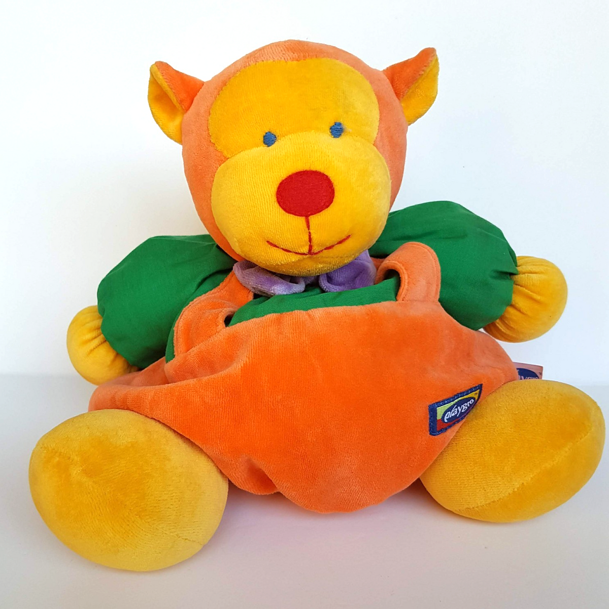 VTG PlayGro VELOUR BEAR Soft Toy 23cm Orange Green Teddy Plush Stuffed Animal1