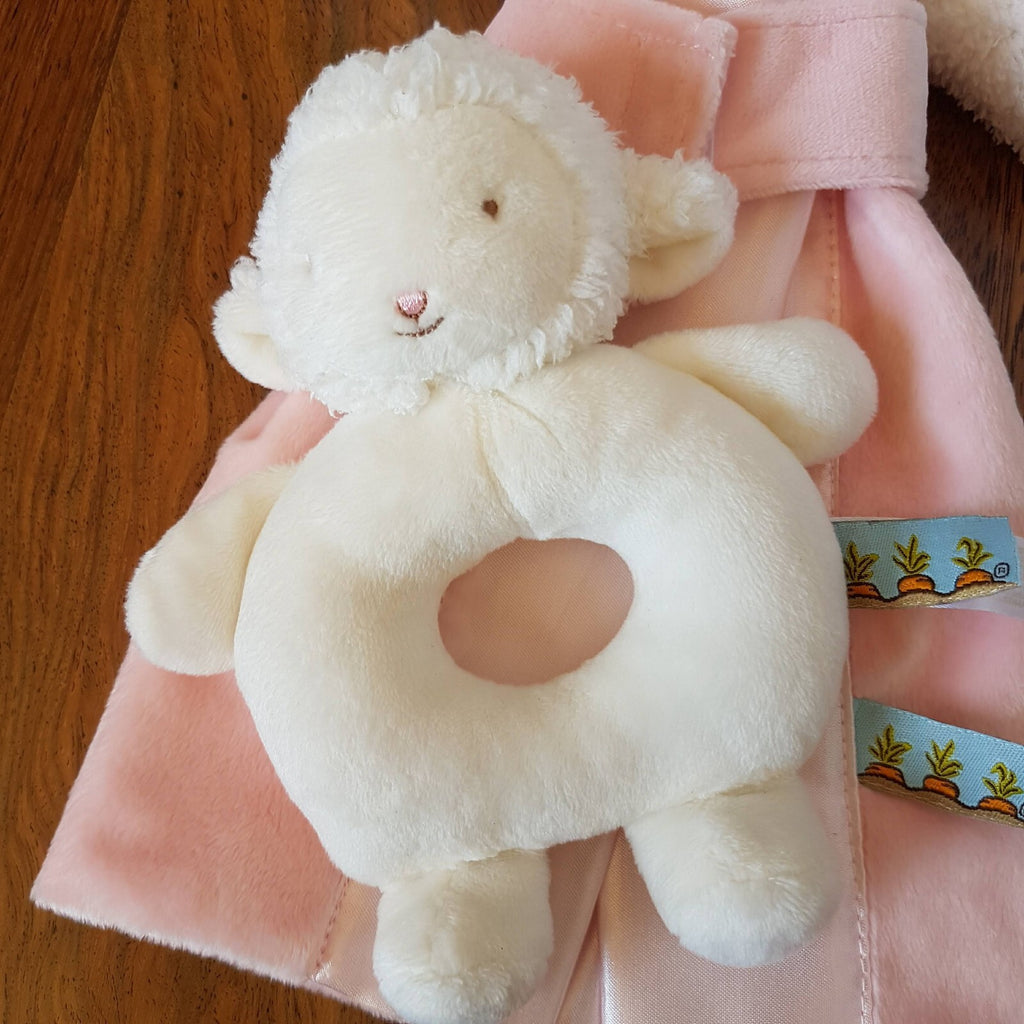 Bunnies By Bay Rabbit Plush Baby Security Blanket Comforter Satin + Lamb Rattle3