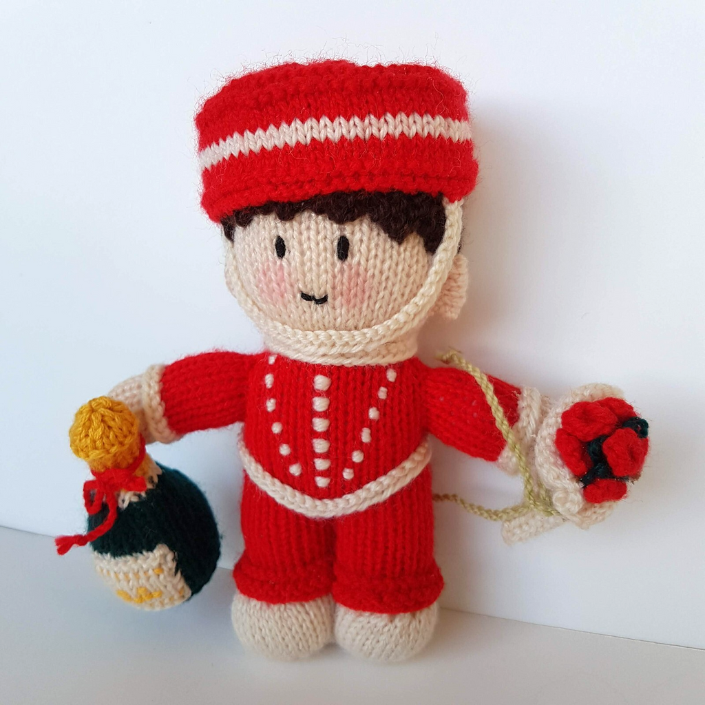 Vintage HANDMADE KNITTED BELLHOP 20cm Celebrate Champagne Flowers Soft Toy Red2