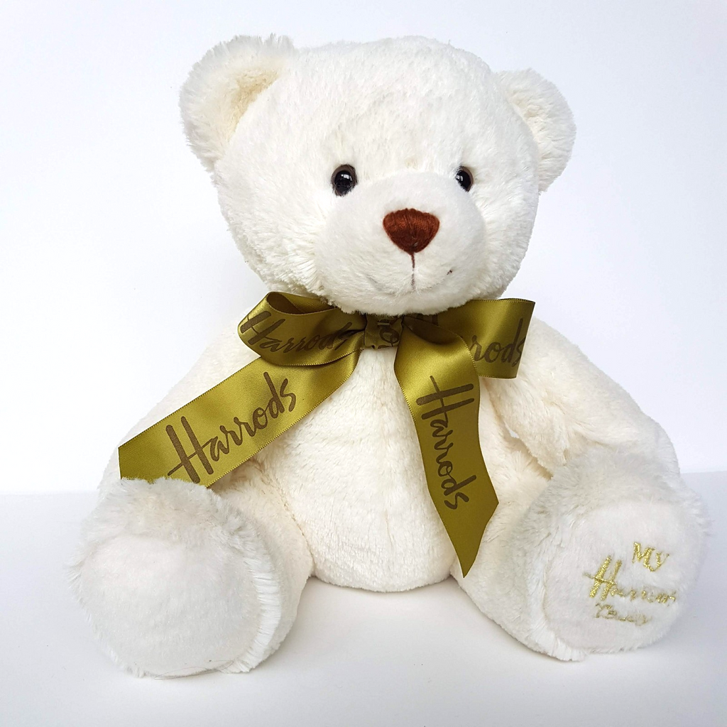 Harrods MY HARRODS TEDDY BEAR 25cm Stuffed Animal White Green Bow Soft Toy Cute1