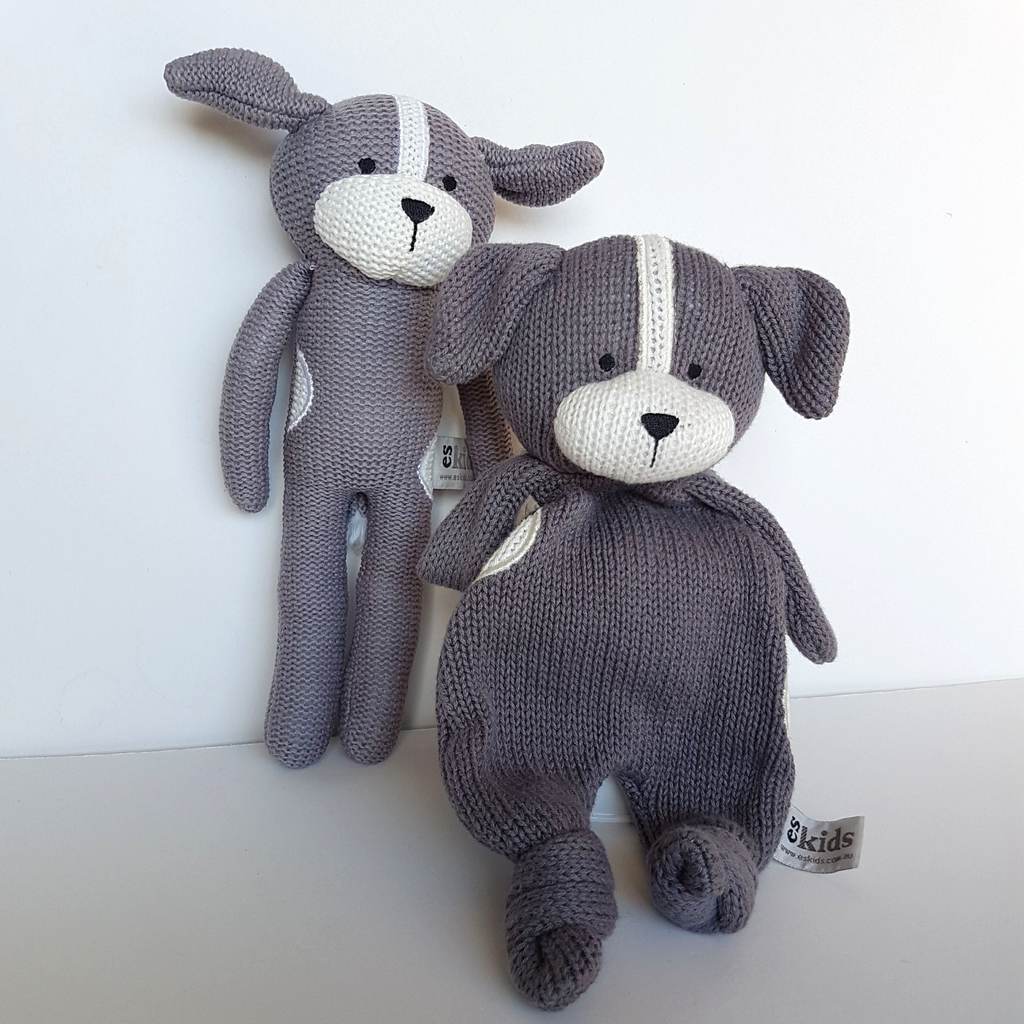 ES Kids DOG LOVEY + RATTLE SET Knit Plush Comforter Security Blanket Soft Toy6