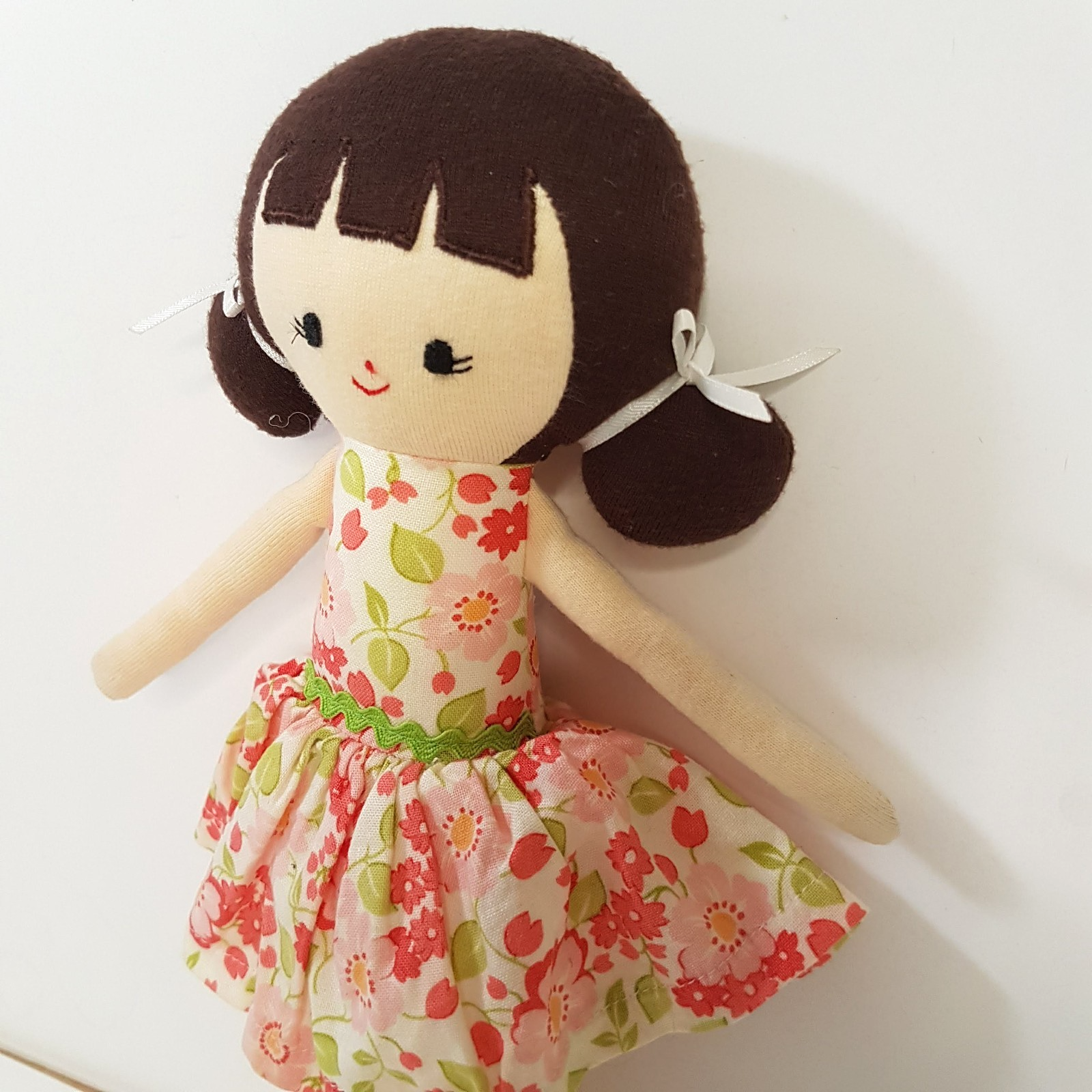 Alimrose RAG DOLL Fabric Doll 25cm Cloth Floral Dress Brunette Baby Soft Toy3