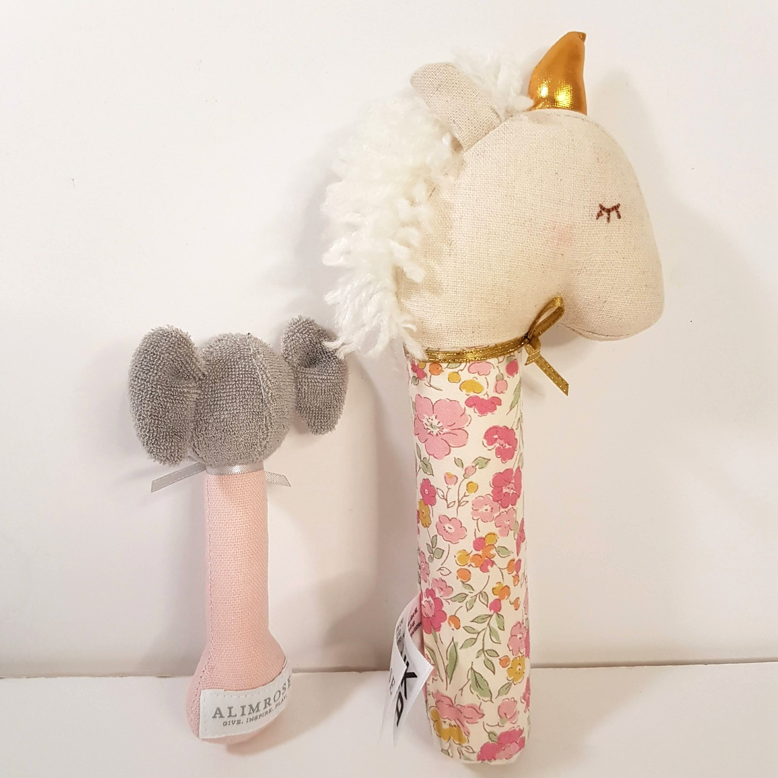 Alimrose UNICORN SQUEAKER ELEPHANT RATTLE Floral Toy Pastel Baby Soft Toy Animal4