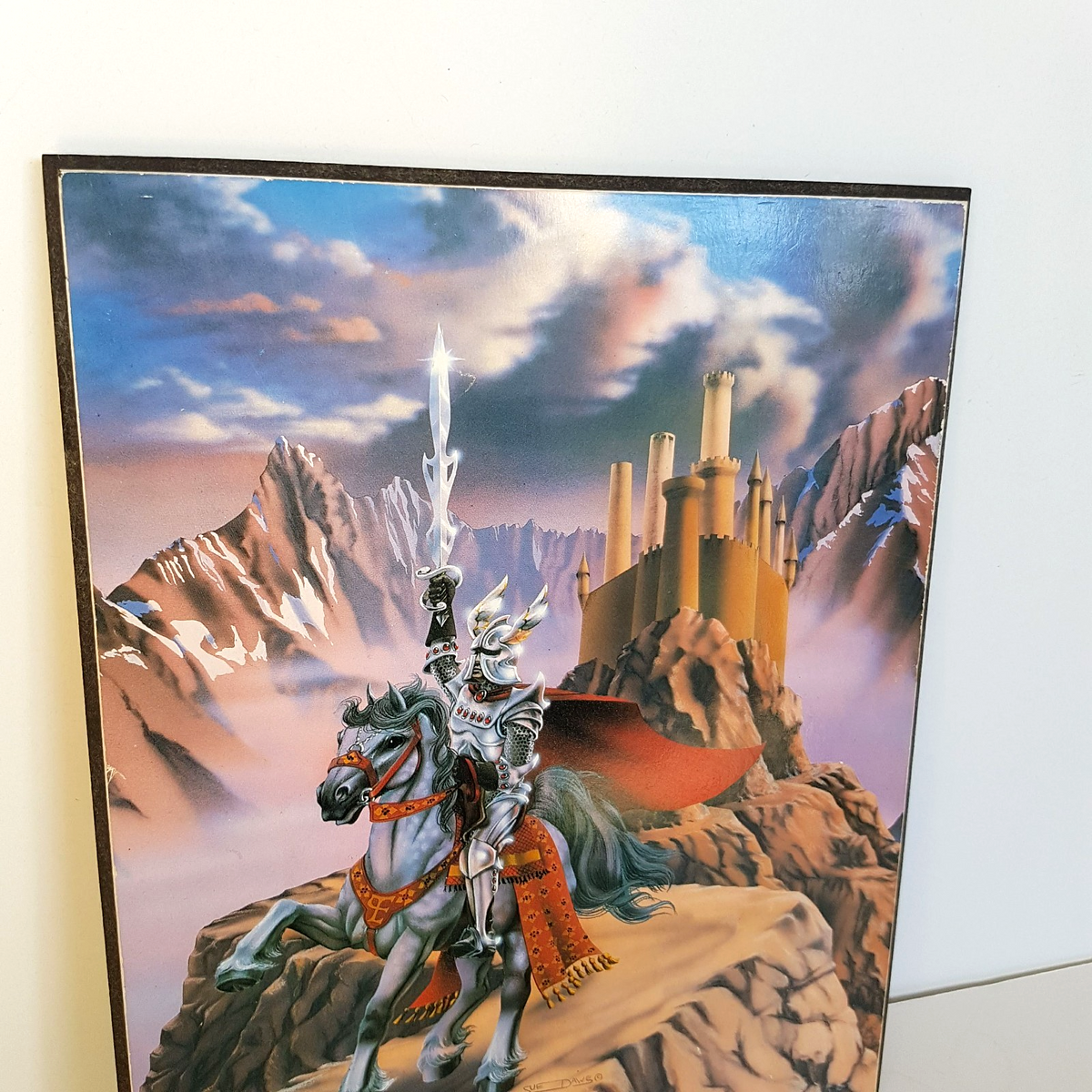 80s Sue Dawe KNIGHT & HORSE Mounted Print Fantasy 25cm tall Vintage Wall Hanging4