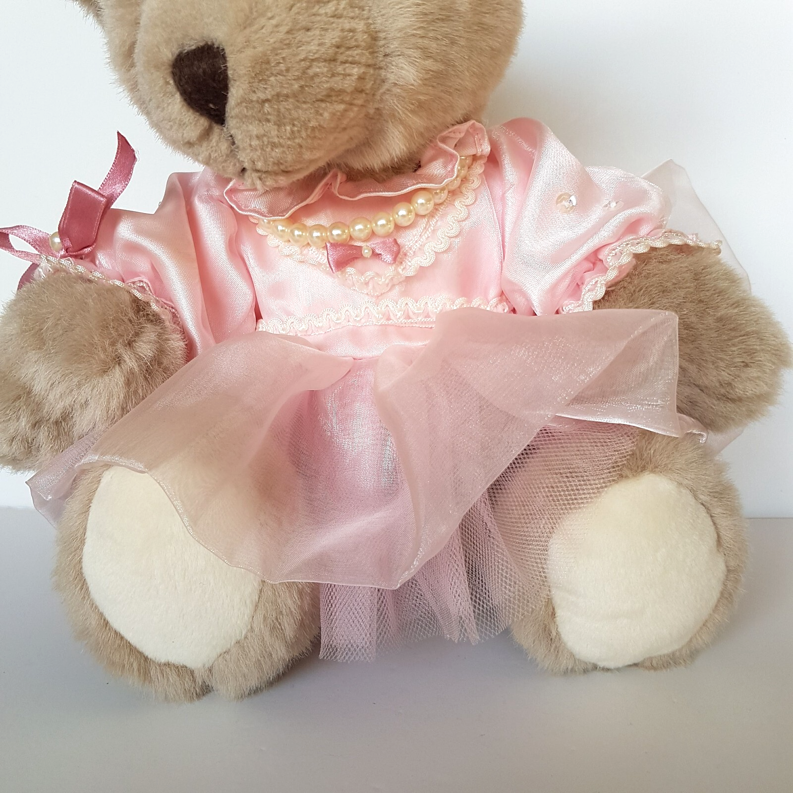 Pretty Dressed TEDDY BEAR Pink Organza Rose Pearl Tulle Stuffed Animal Soft Toy7
