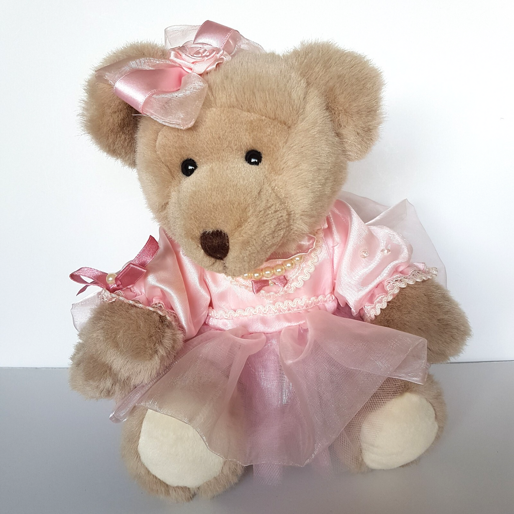 Pretty Dressed TEDDY BEAR Pink Organza Rose Pearl Tulle Stuffed Animal Soft Toy1