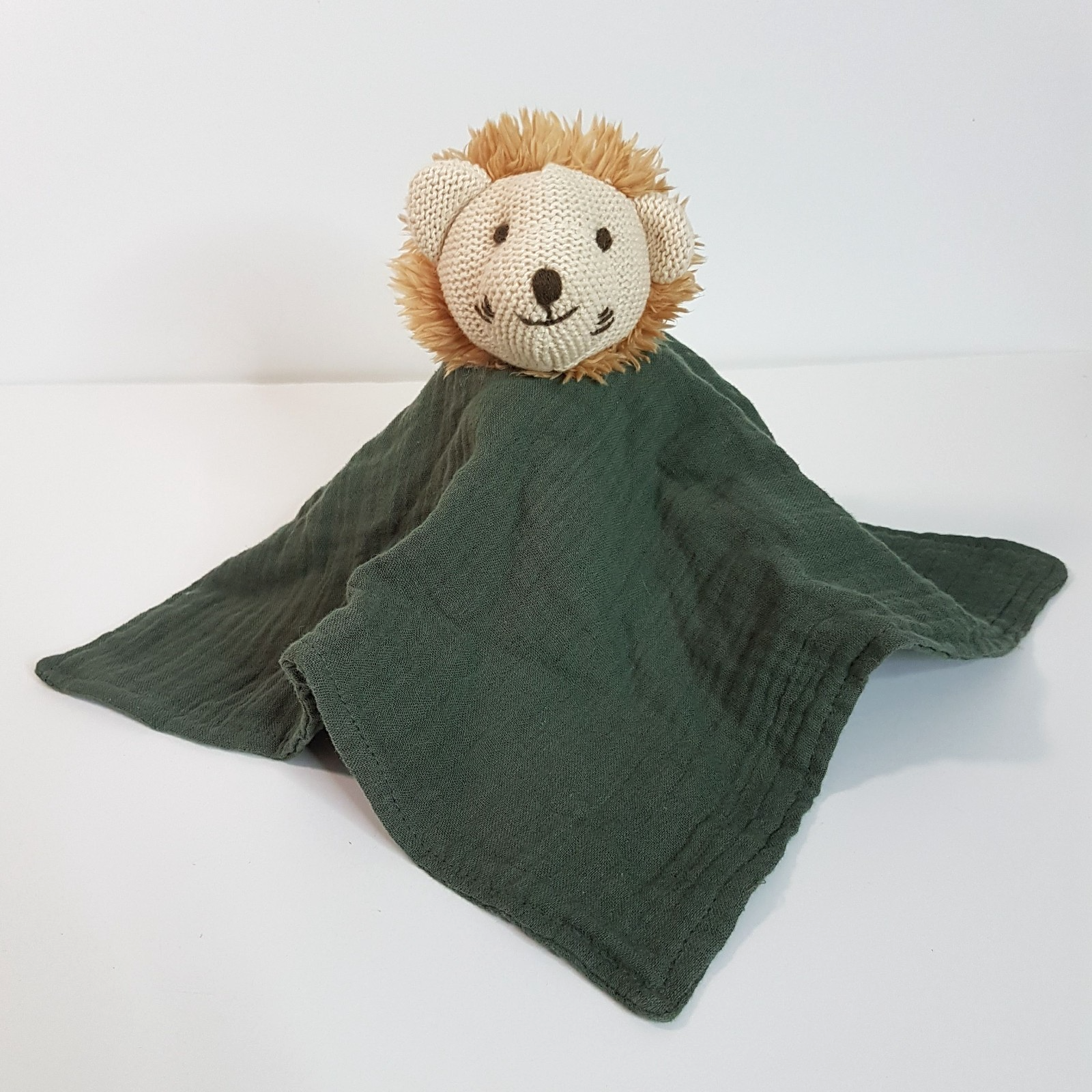 Muslin Knit GREEN LION Cat Baby Lovey Security Blanket Comforter Soft Toy Sleep0