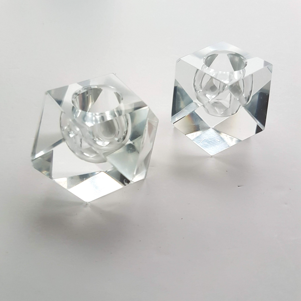 Vintage Art Glass CANDLE STICK HOLDER Clear Candlestick 5cm Geometric Facetted12