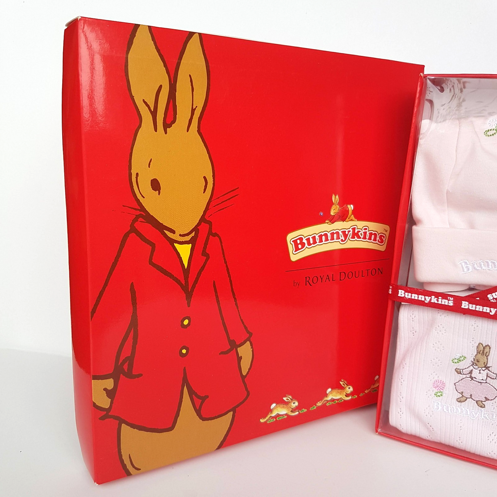 New BUNNYKINS Royal Doulton BABY SET Size 00 0 Pink Hat Bib Singlet Booties BOX2
