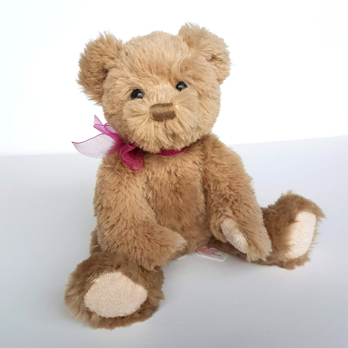 Russ BEIGE TEDDY BEAR Plush Floppy 22cm Beanbag Stuffed Animal Soft Toy Pink Bow0