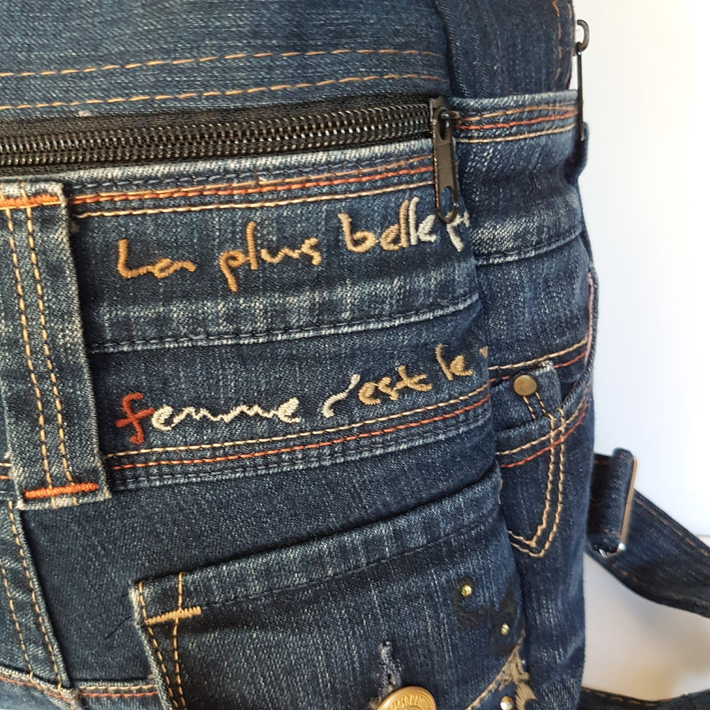 Handmade DENIM JEANS BACKPACK Bag Upcycled Rhinestone Embellished Vienus Jeans4