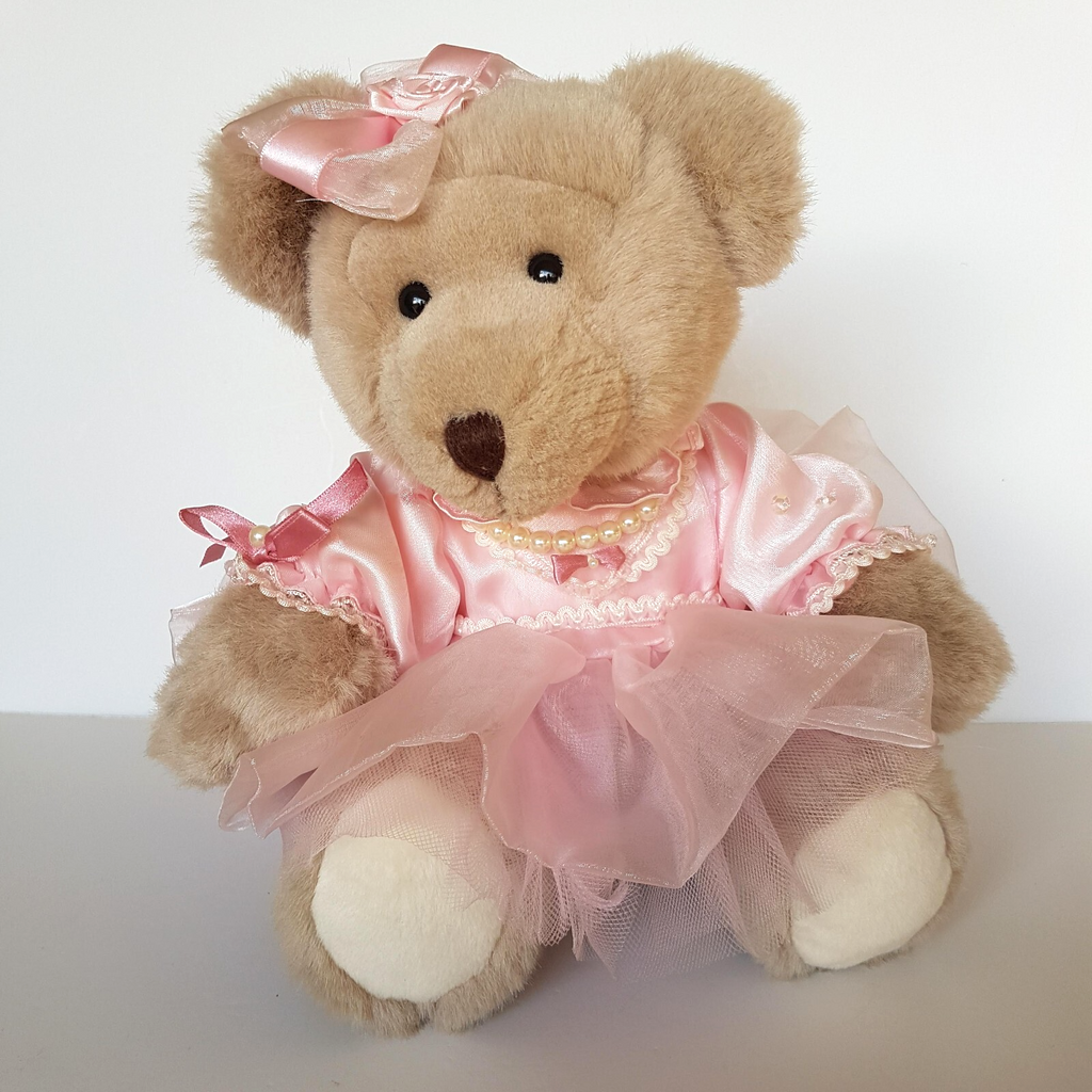 Pretty Dressed TEDDY BEAR Pink Organza Rose Pearl Tulle Stuffed Animal Soft Toy0