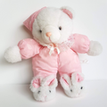 Vintage TEDDY IN BUNNY SLIPPERS Plush 34cm Pink Pyjamas Stuffed Animal Soft Toy0