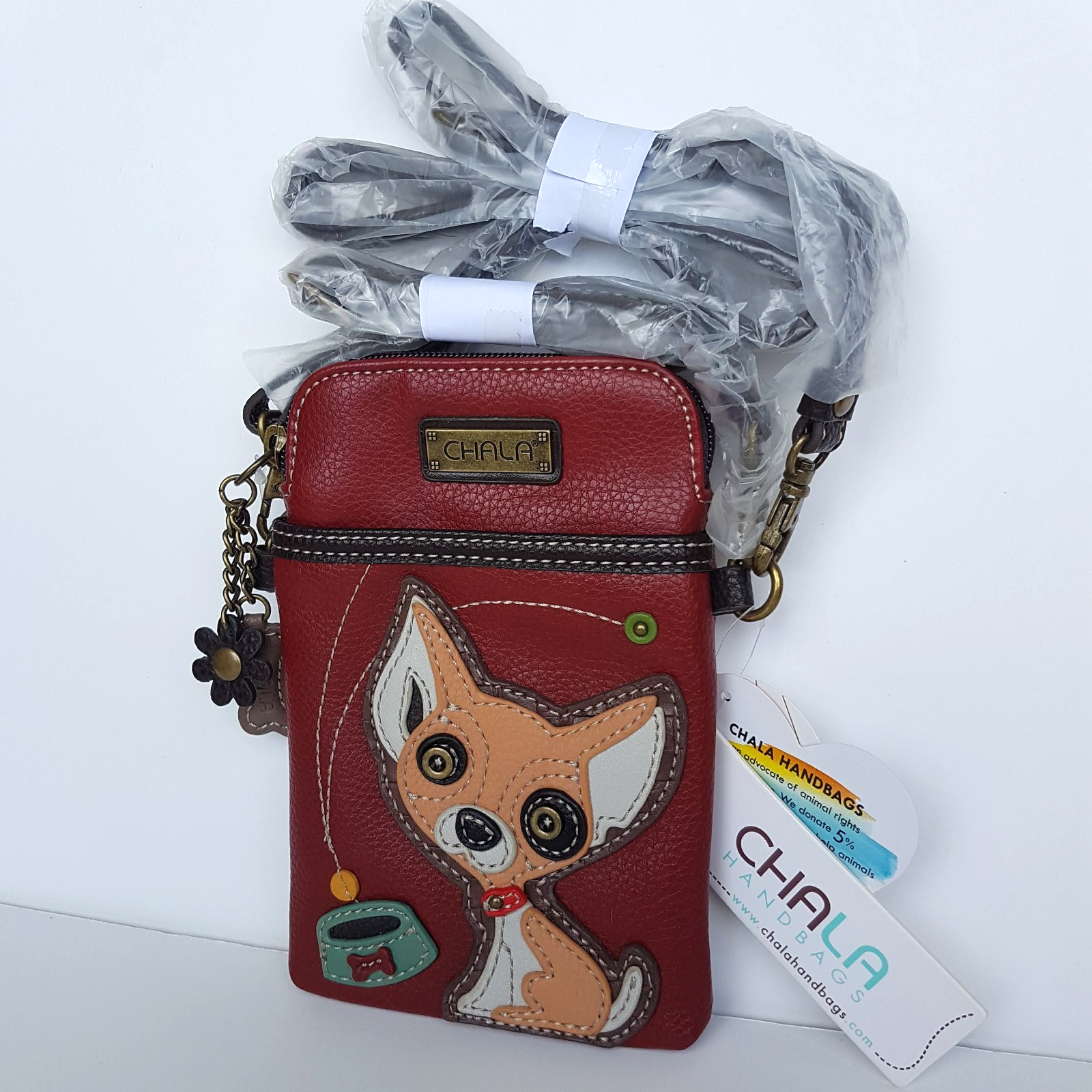 Chala CHIHUAHUA DOG Convertible Crossbody Purse Red Mobile Bag Applique TAGS2