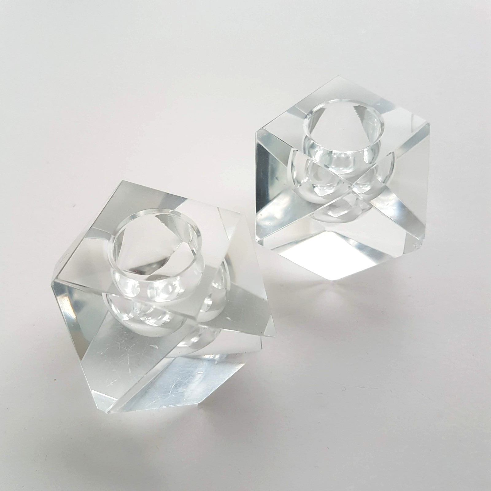 Vintage Art Glass CANDLE STICK HOLDER Clear Candlestick 5cm Geometric Facetted1