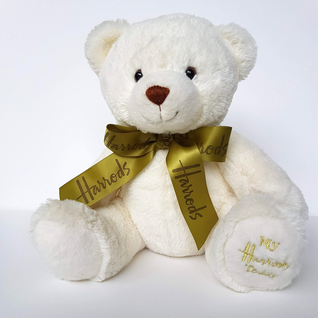 Harrods MY HARRODS TEDDY BEAR 25cm Stuffed Animal White Green Bow Soft Toy Cute0