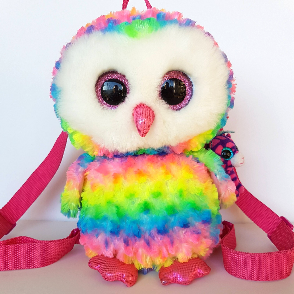 TY OWEN THE OWL Kids Backpack Plush + Charm Stuffed Animal Soft Toy Bag Rainbow3