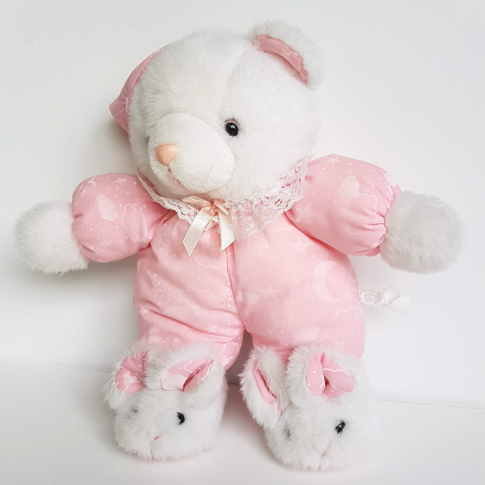 Vintage TEDDY IN BUNNY SLIPPERS Plush 34cm Pink Pyjamas Stuffed Animal Soft Toy5