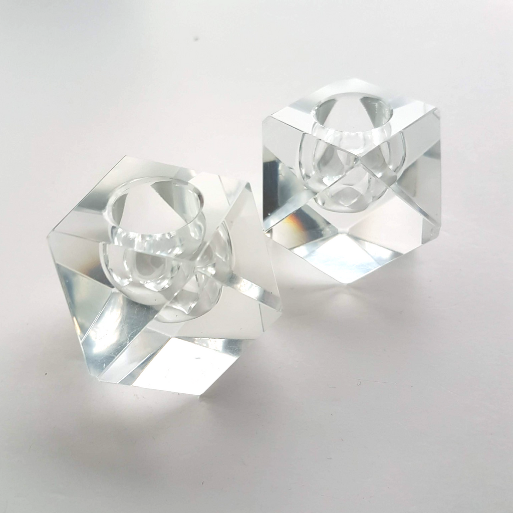 Vintage Art Glass CANDLE STICK HOLDER Clear Candlestick 5cm Geometric Facetted2