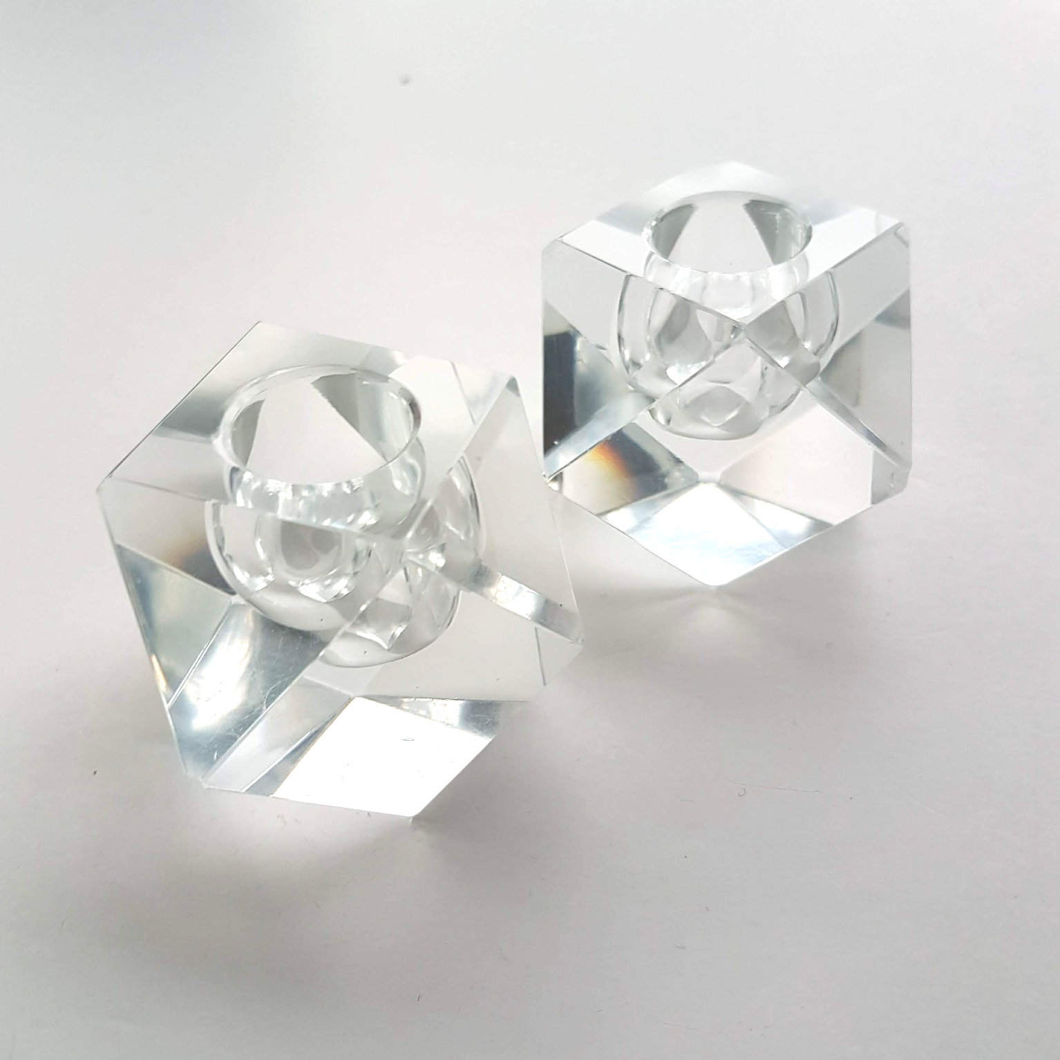 Vintage Art Glass CANDLE STICK HOLDER Clear Candlestick 5cm Geometric Facetted2